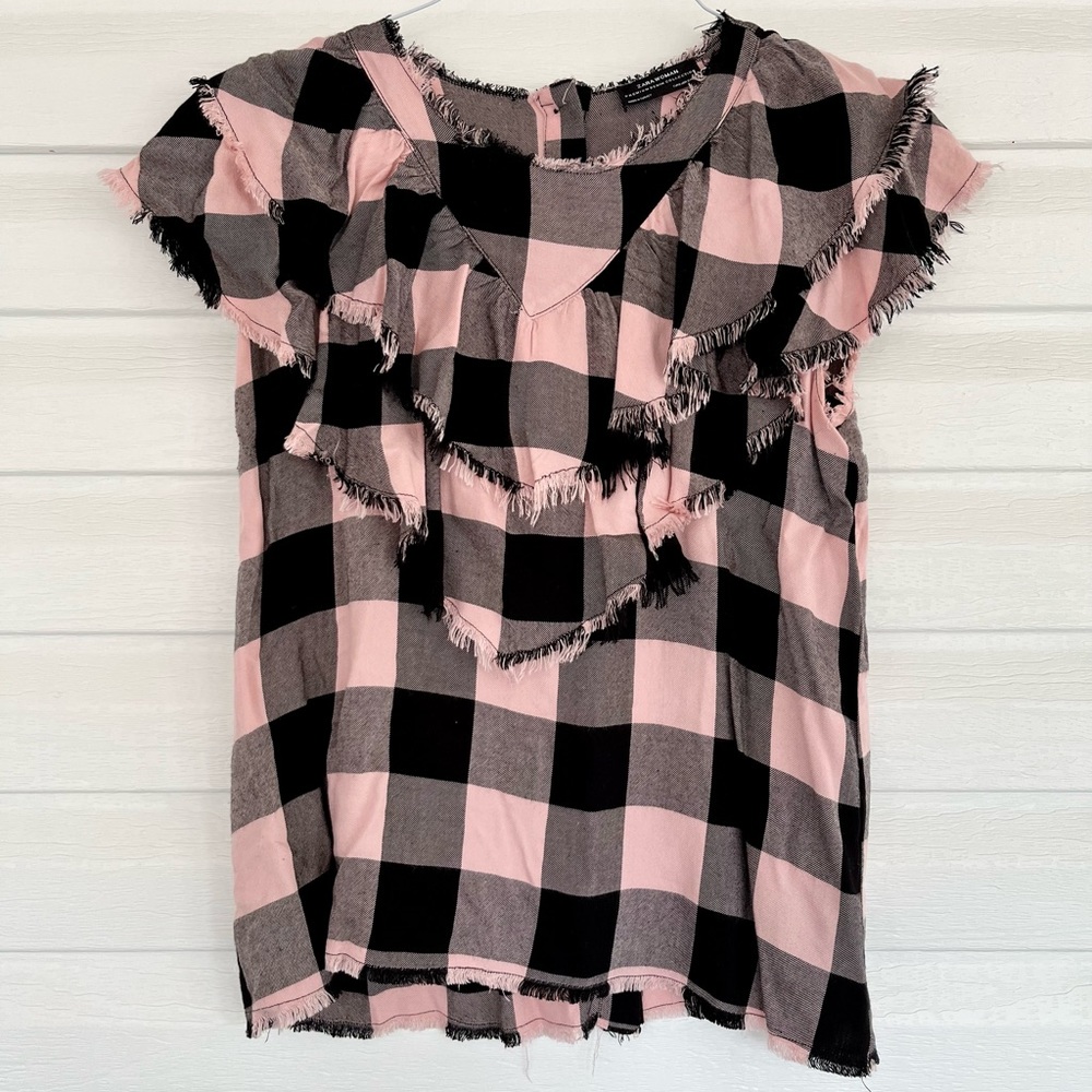 Zara Premium Denim Collection Check Raw Edge Ruffled Top S